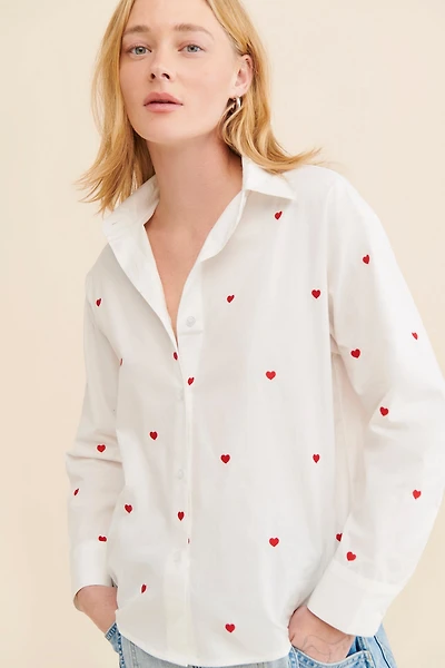 Flat White Embroidered Buttondown Long Sleeve Top