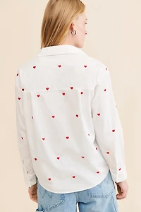 Flat White Embroidered Buttondown Long Sleeve Top