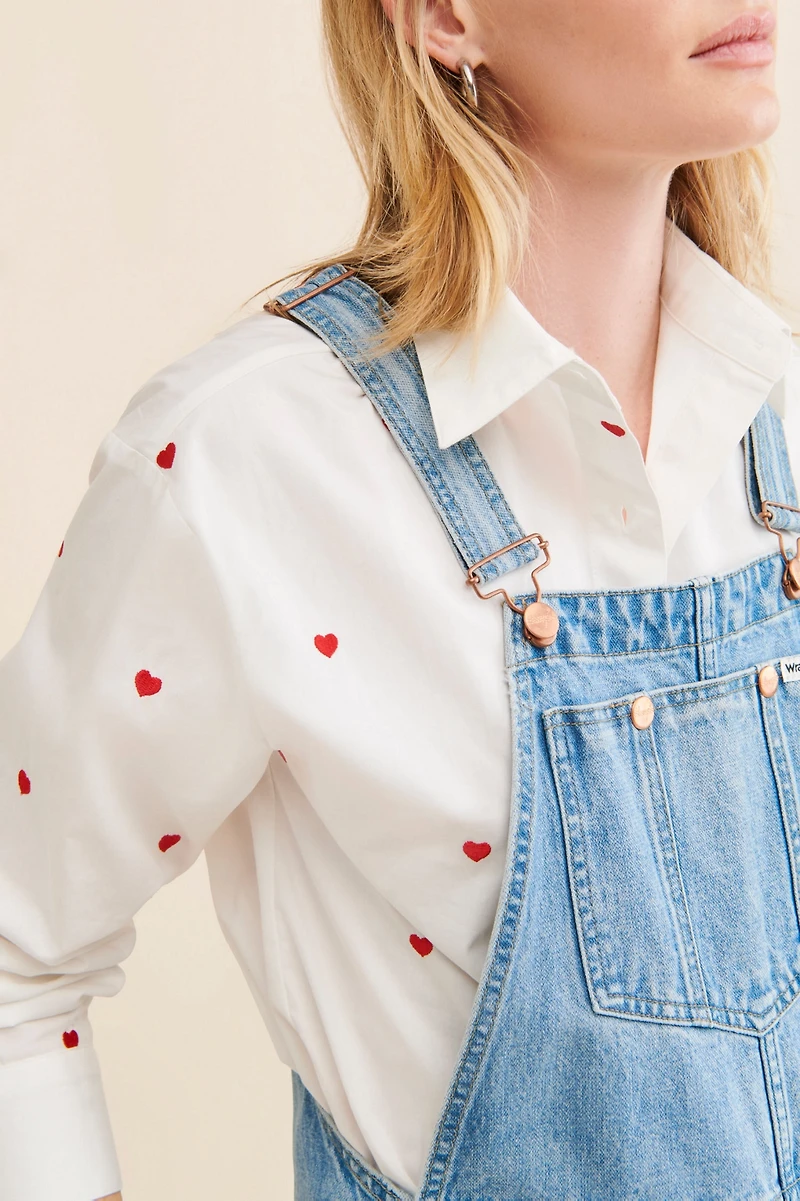 Flat White Embroidered Buttondown Long Sleeve Top
