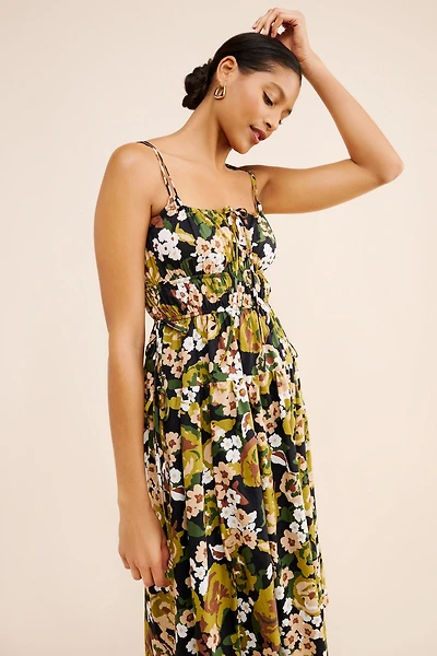 Moon River Floral Print Shirred Midi Dress