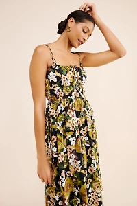 Moon River Floral Print Shirred Midi Dress