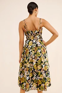 Moon River Floral Print Shirred Midi Dress