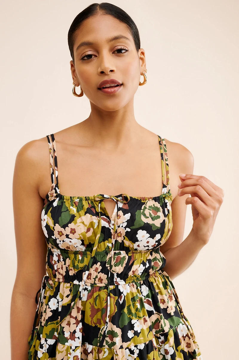 Moon River Floral Print Shirred Midi Dress