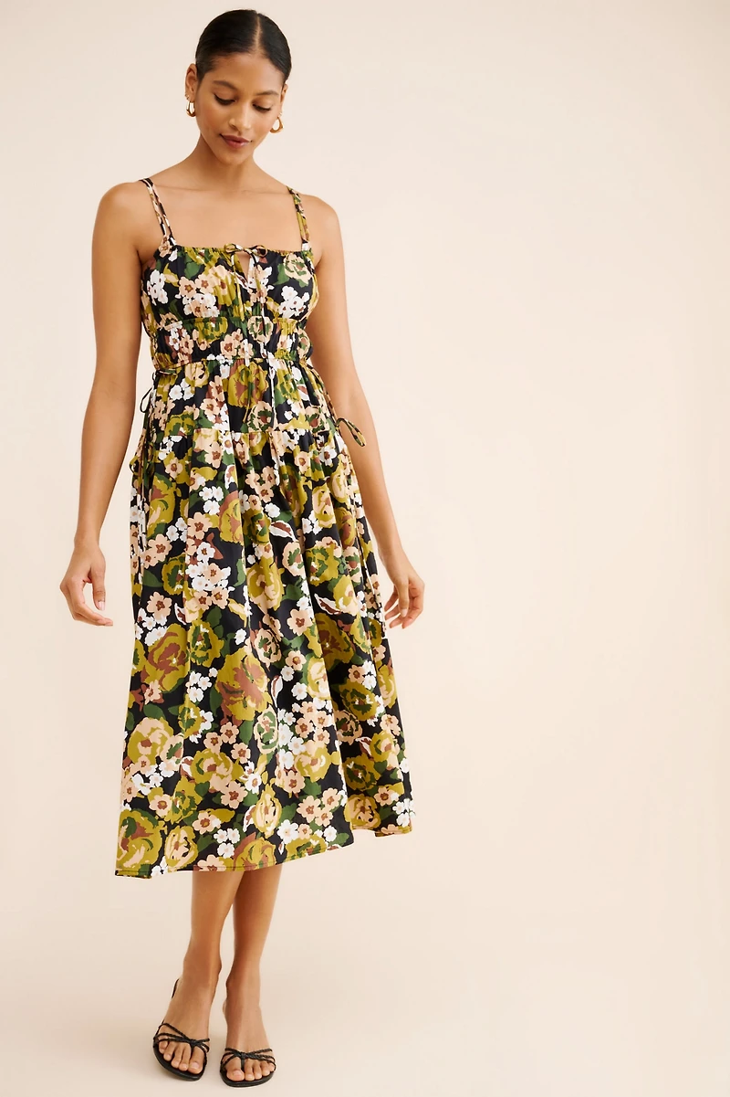Moon River Floral Print Shirred Midi Dress