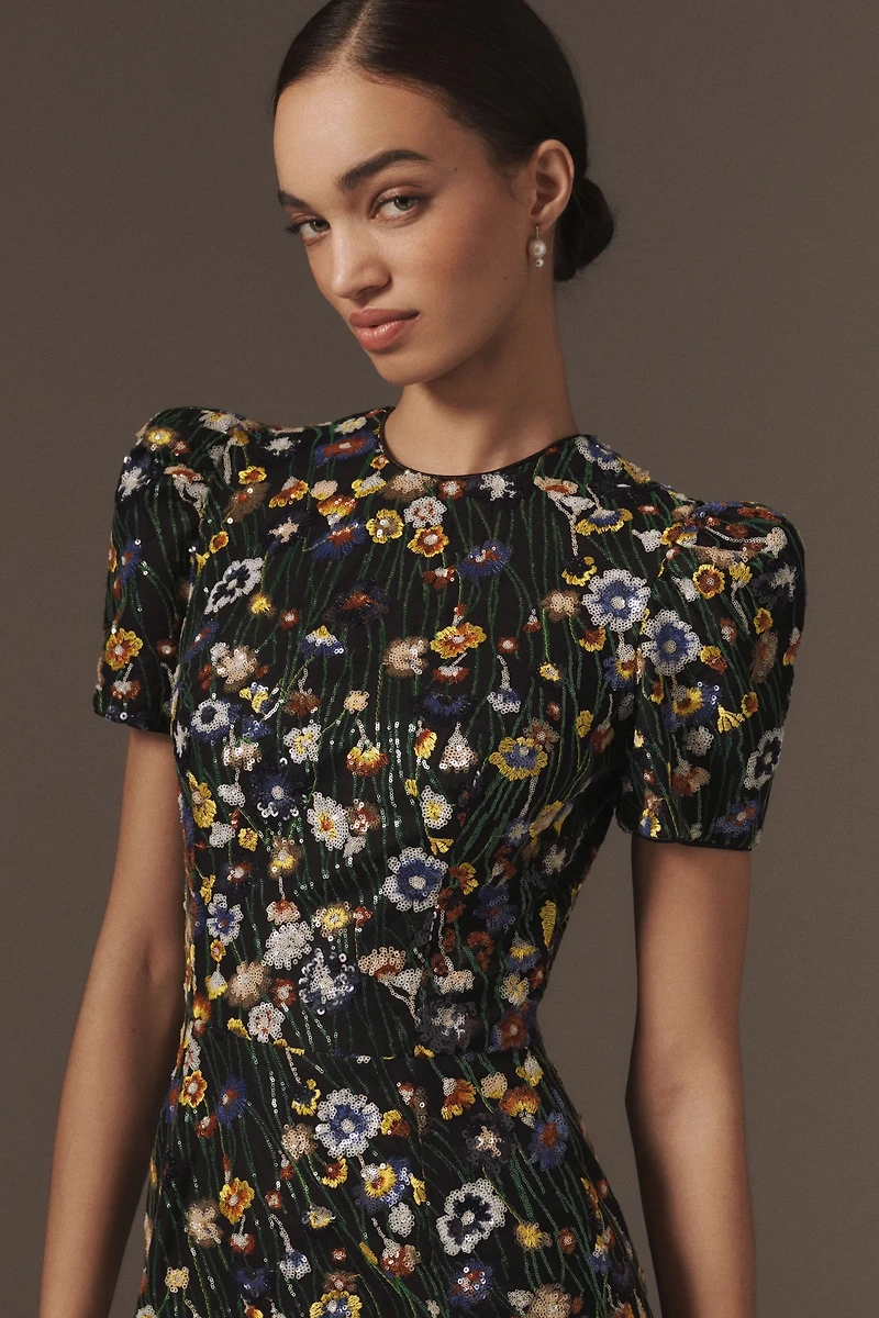 Helsi Piper Short-Sleeve Embroidered Floral Sequin Midi Dress