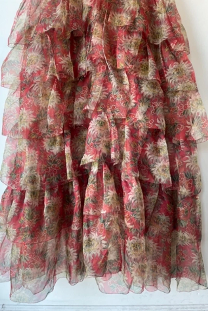Doen Red Floral Armande Tiered Silk Dress Selected by The Curatorial Dept.