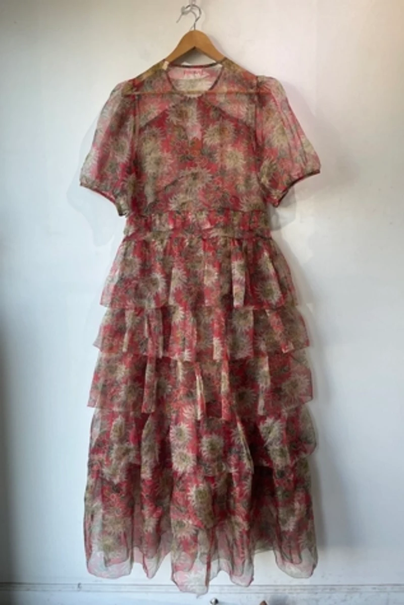 Doen Red Floral Armande Tiered Silk Dress Selected by The Curatorial Dept.