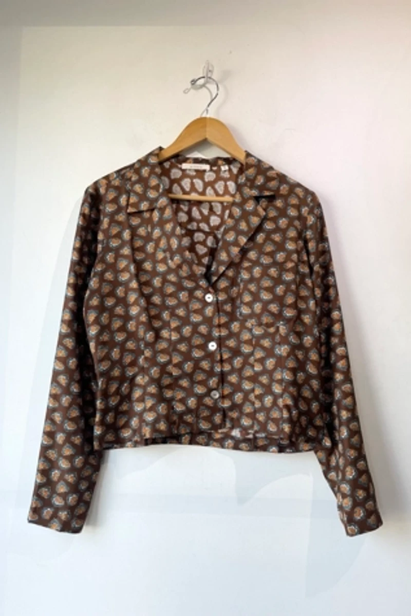 Doen Brown Patterned Silk Abena Blouse Selected by The Curatorial Dept.
