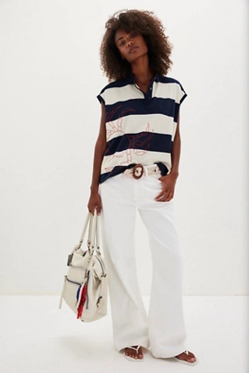 Denim and Bone Striped Crab Henley