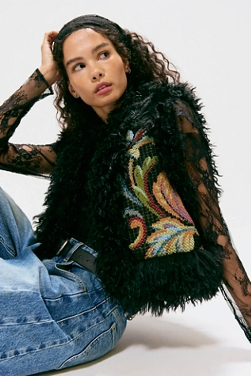 Anna Sui Tapestry Faux Fur Trim Vest