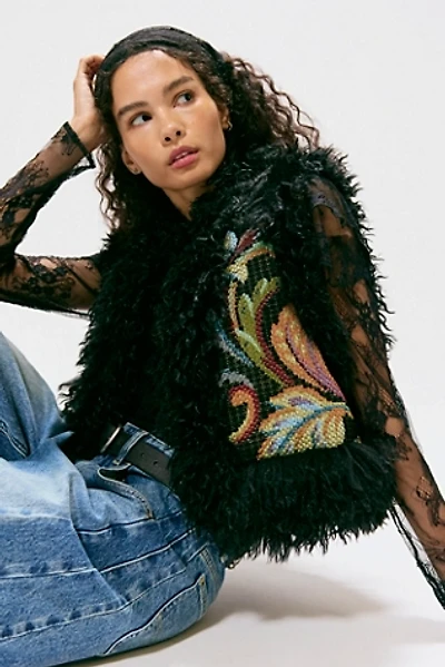 Anna Sui Tapestry Faux Fur Trim Vest
