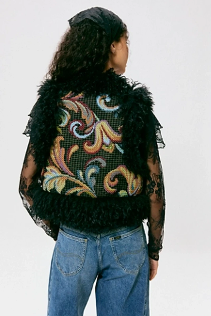 Anna Sui Tapestry Faux Fur Trim Vest