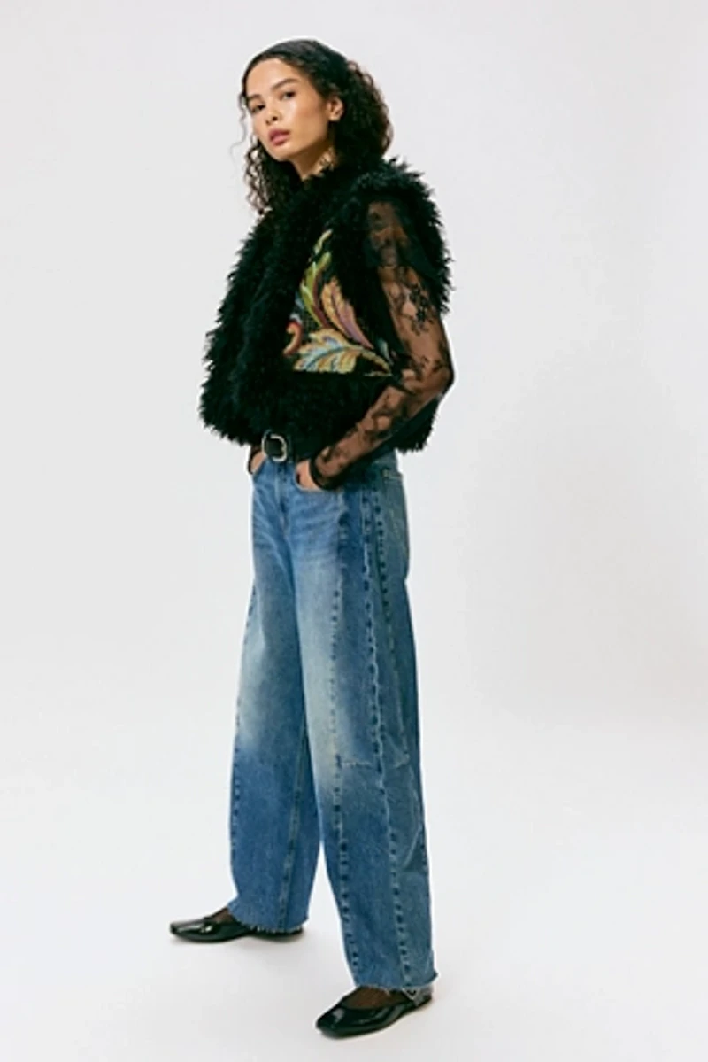 Anna Sui Tapestry Faux Fur Trim Vest