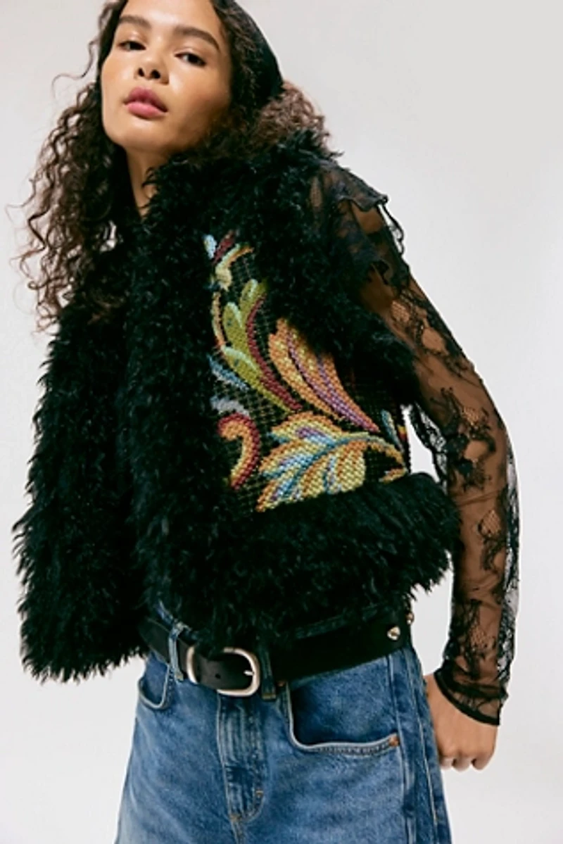 Anna Sui Tapestry Faux Fur Trim Vest