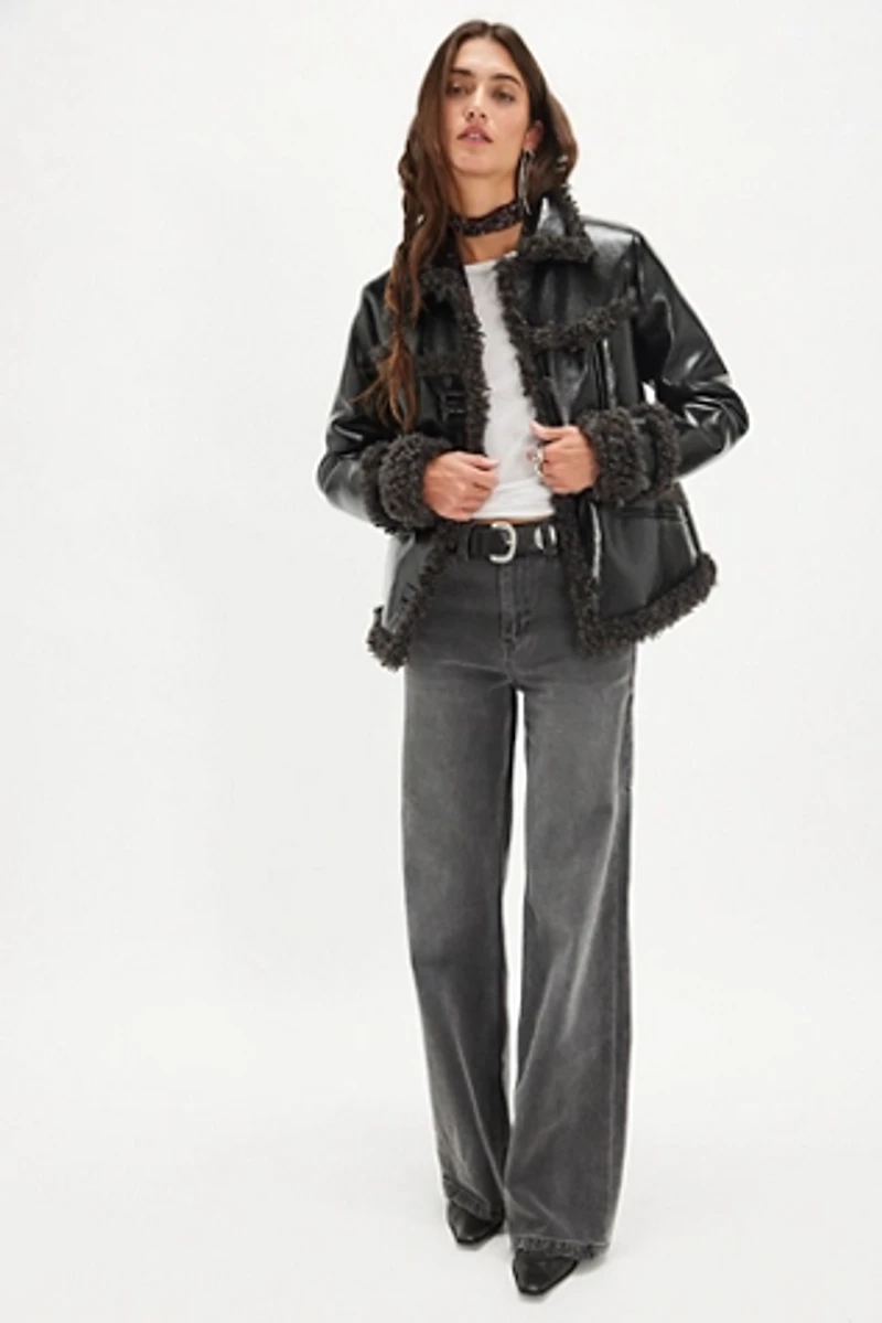 Anna Sui Faux Fur Trim Leather Jacket