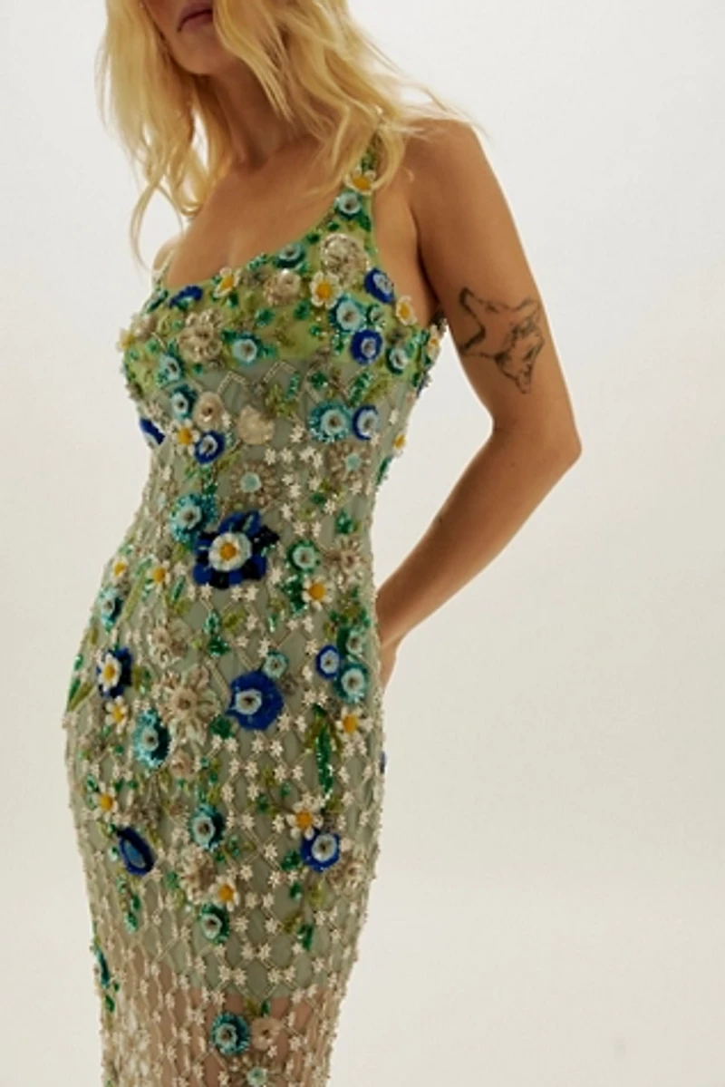 La Fuori Aurora Periwinkle Embroidered Midi Dress