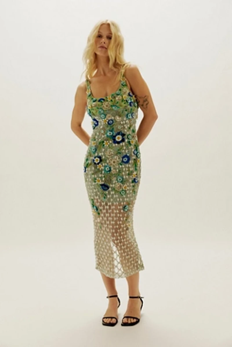La Fuori Aurora Periwinkle Embroidered Midi Dress