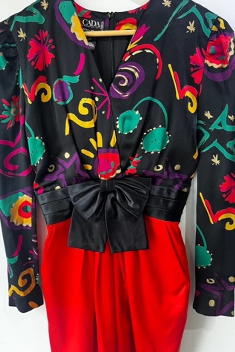 Escada Black and Red Abstract Floral Dress with Bow Selected by The Curatorial Dept.