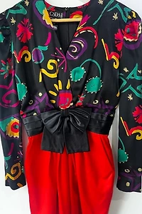 Escada Black and Red Abstract Floral Dress with Bow Selected by The Curatorial Dept.