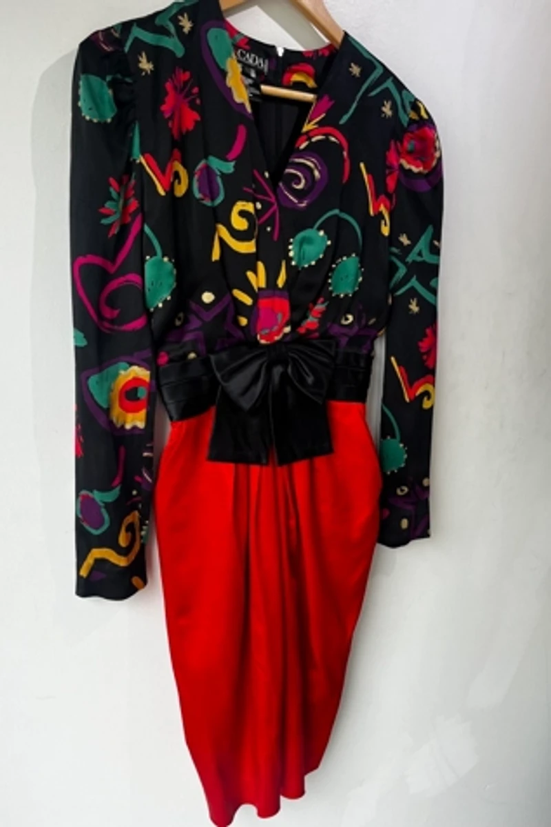 Escada Black and Red Abstract Floral Dress with Bow Selected by The Curatorial Dept.