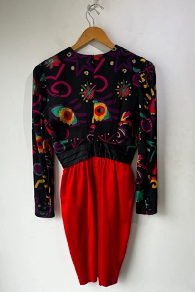 Escada Black and Red Abstract Floral Dress with Bow Selected by The Curatorial Dept.