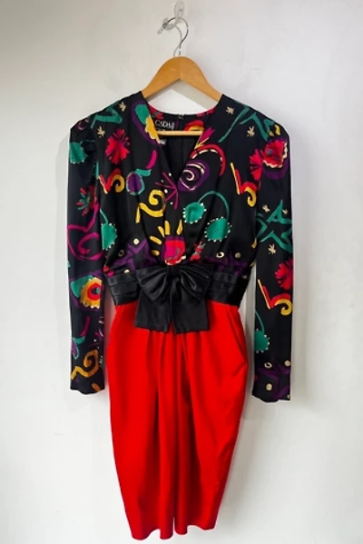 Escada Black and Red Abstract Floral Dress with Bow Selected by The Curatorial Dept.