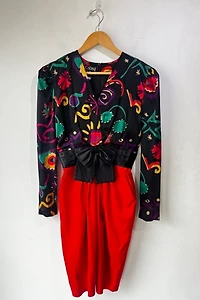 Escada Black and Red Abstract Floral Dress with Bow Selected by The Curatorial Dept.