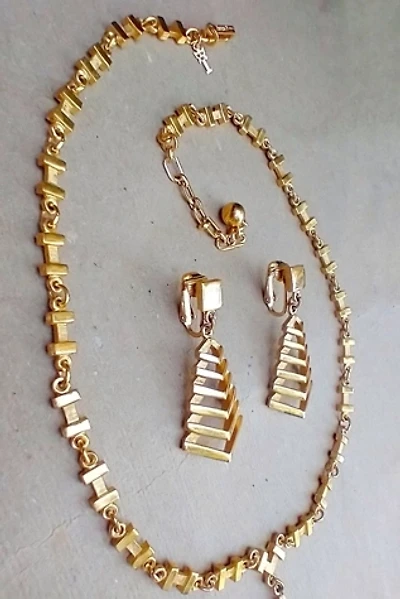 1960's Crown Trifari Gold Plated Necklace Earrings Set Selected by Garbage Soup