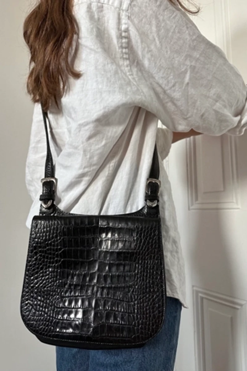 Black Embossed Leather Ralph Lauren Saddle Bag Selected by KA.TL.AK