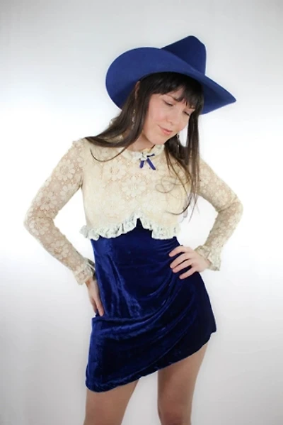 1970s Lacey Blue Velvet Mini Dress Selected By Moons + Junes Vintage