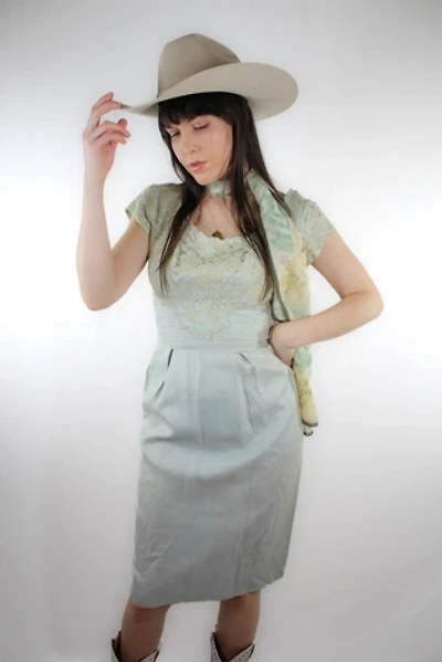 1930s Off The Shoulder Chiffon Lace Fitted Midi Dress Selected By Moons + Junes Vintage