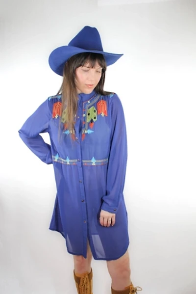 1980s Sheer Blue Western Midi Dress Selected By Moons + Junes Vintage