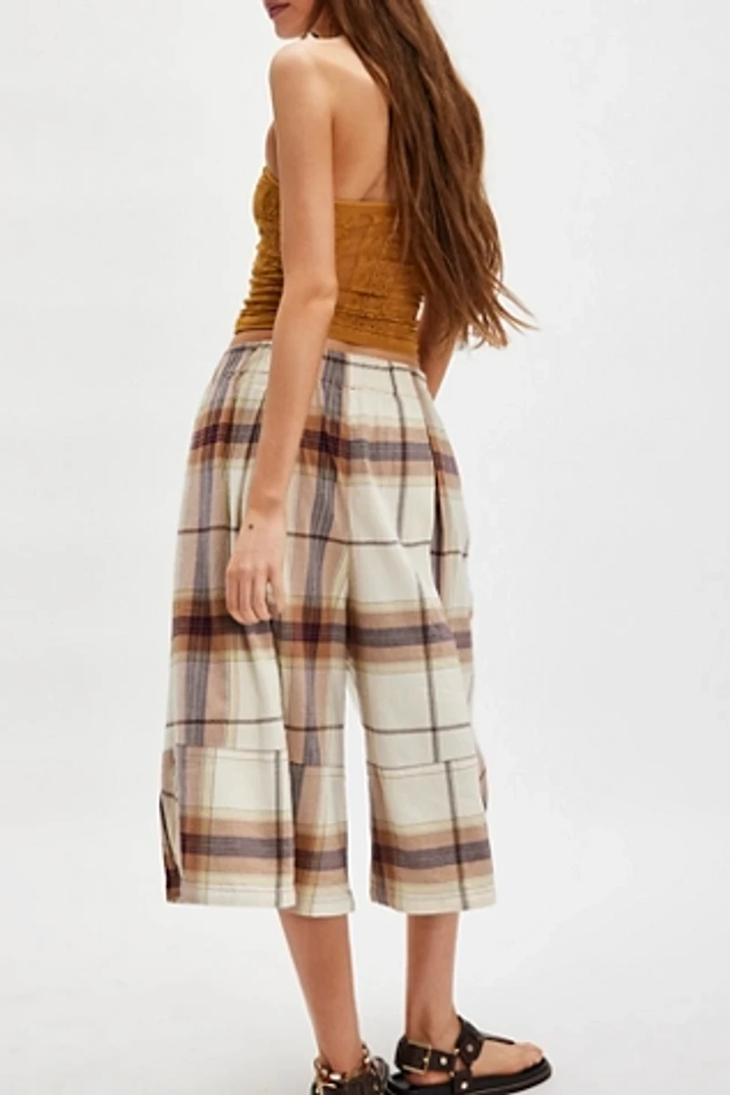 Ivy Puckered Plaid Crop Culotte Pants
