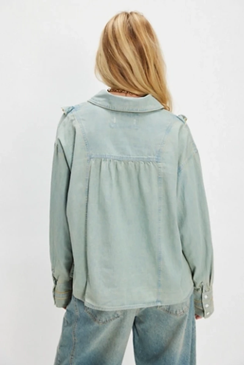 We The Free Tattered And Ruffled Denim Top