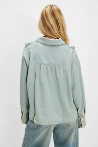 We The Free Tattered And Ruffled Denim Top
