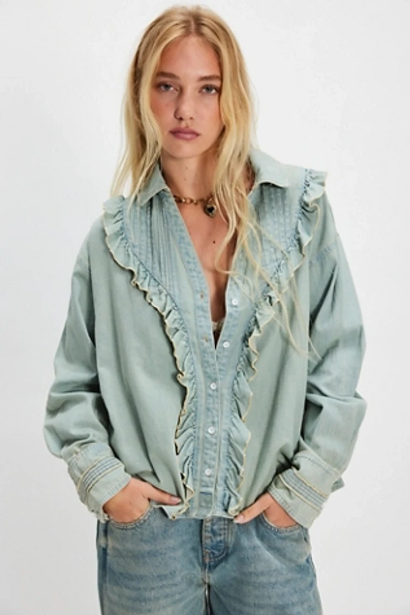 We The Free Tattered And Ruffled Denim Top