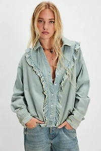 We The Free Tattered And Ruffled Denim Top