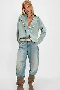 We The Free Tattered And Ruffled Denim Top