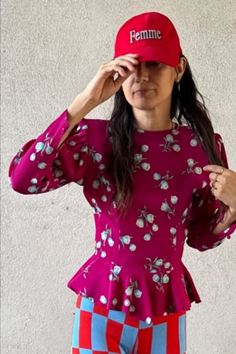 1980s Ungaro Tulip Print Button Back Peplum Top Selected by Personal Choice