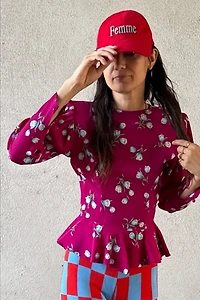 1980s Ungaro Tulip Print Button Back Peplum Top Selected by Personal Choice