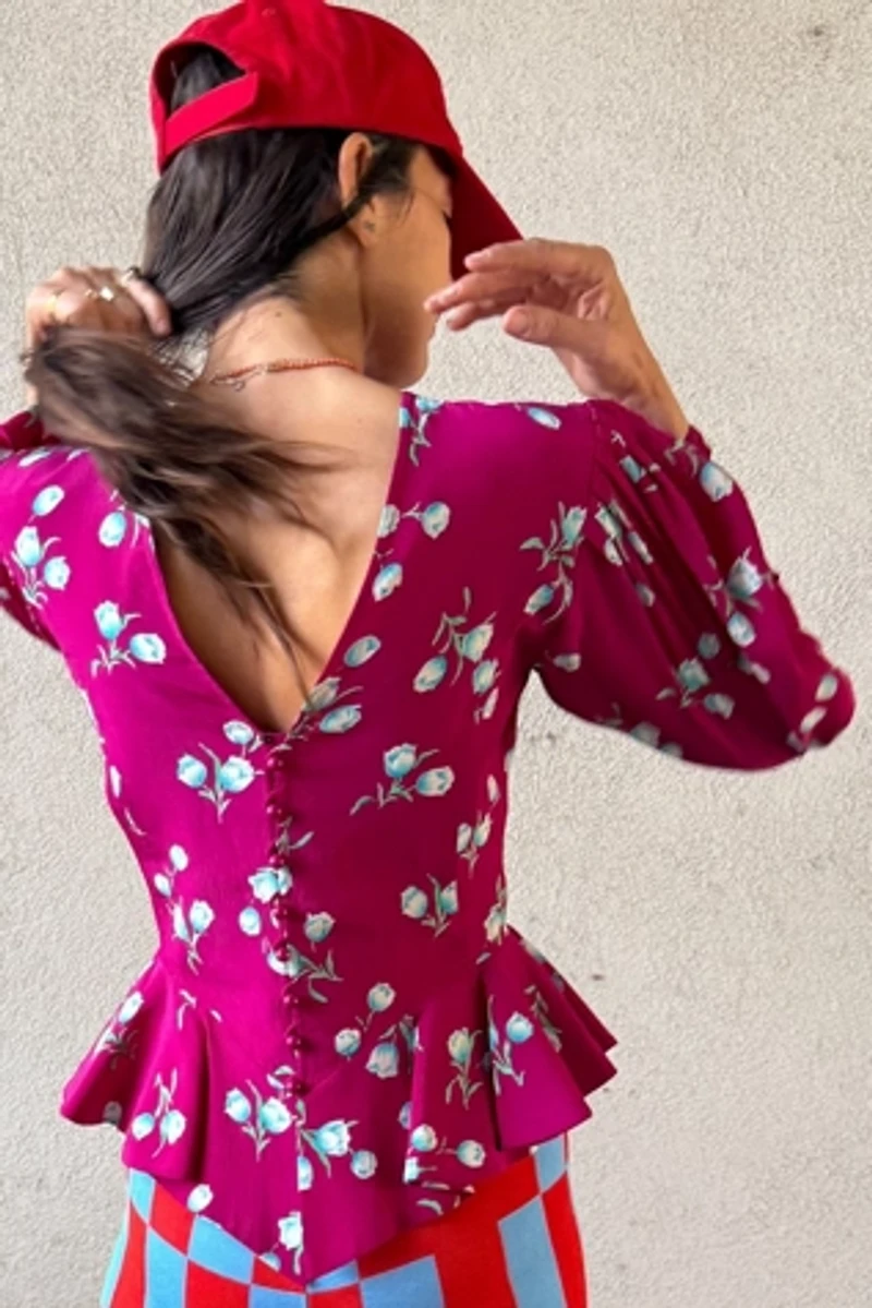 1980s Ungaro Tulip Print Button Back Peplum Top Selected by Personal Choice