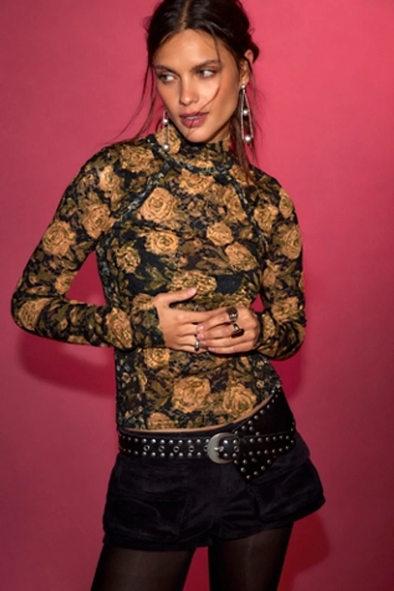 Lyric Sheer Lace Long Sleeve Turtleneck Top