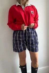 Black, Red, White and Blue Large Pattern Plaid Full Bermuda Shorts Selected by KA.TL.AK