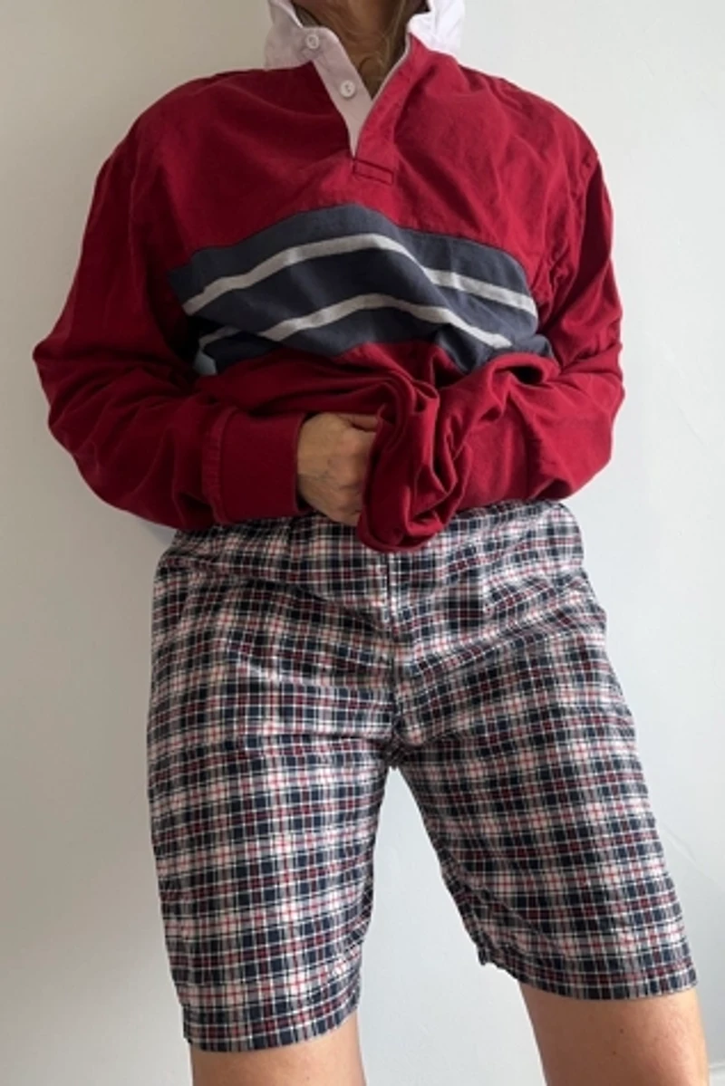 Red, White and Blue Small Pattern Plaid Preppy Bermuda Shorts Selected by KA.TL.AK