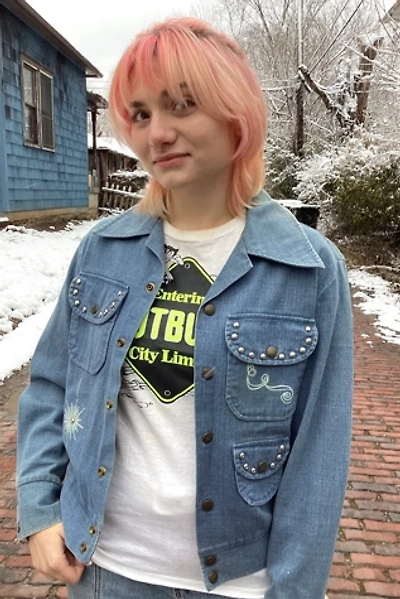 Vintage 1970s Studded and Painted Brushed Denim Jacket Selected by Cherry