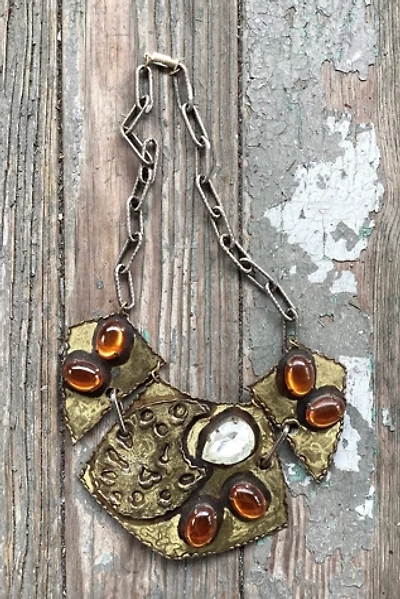 Vintage 1980s Brutalist Brass Plate and Stone Necklace Selected by Cherry