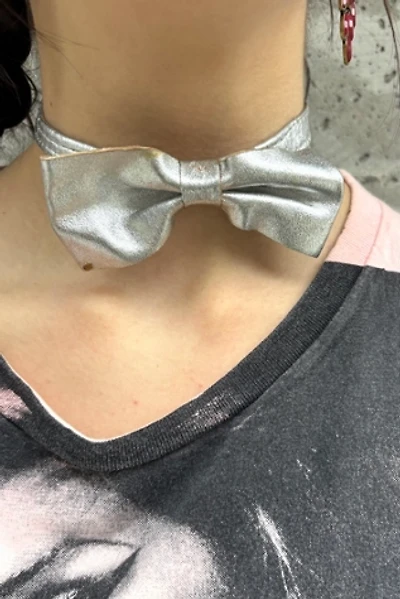 1970’s Silver Metallic Leather Disco Bow Tie Selected by Nomad Vintage