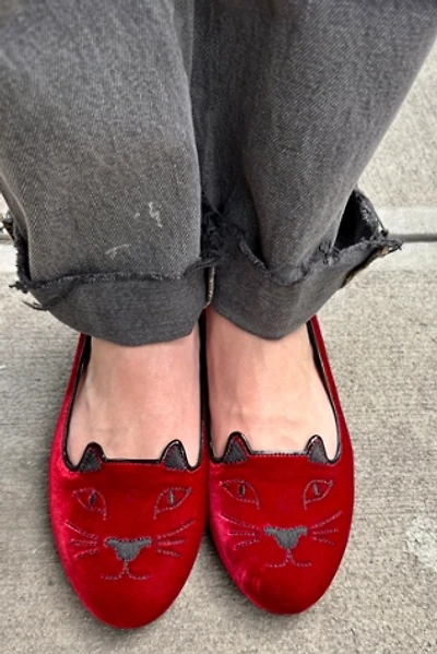 Charlotte Olivia Red Velvet Cat Ballerina Flats Selected by Nomad Vintage