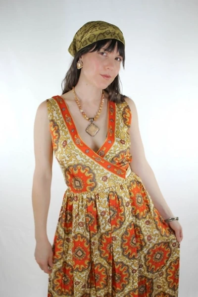 1960s Bohemian Printed Silky Wrap Maxi Dress Selected By Moons + Junes Vintage