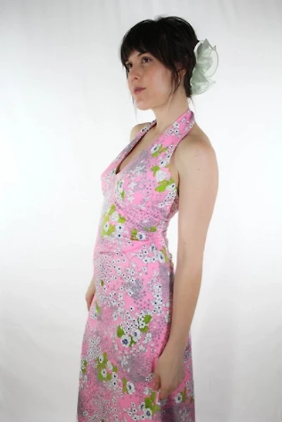 1960s Handmade Pink Floral Fitted Halter Dress Selected By Moons + Junes Vintage